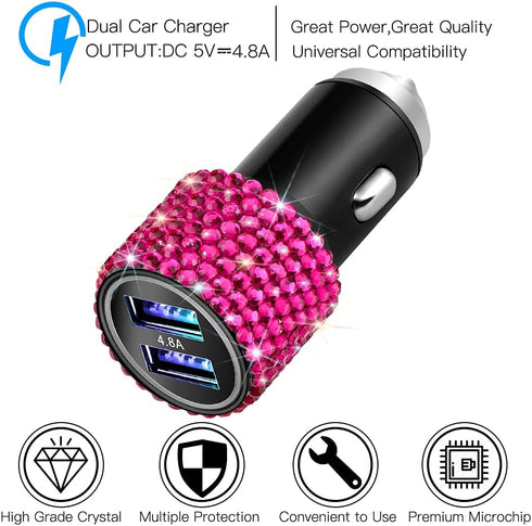 OTOSTAR Dual USB Car Charger, 4.8A Output, Bling Rhinestones Car Decorations Accessories Fast Charging Adapter for iPhones Android iOS, Samsung Ga...