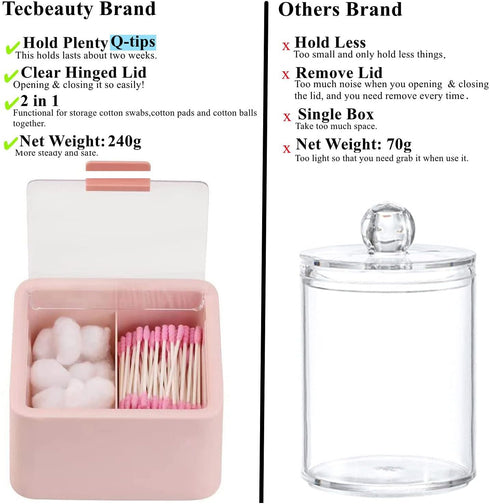 Tecbeauty Qtips Storage Organizer - 2-Grid Dispenser with Hinged Lids for Swabs, Balls, Pads, Pink...