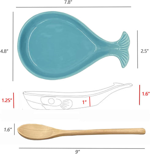 Ceramic Spoon Rest for Kitchen with Wooden Spoon, Whale Shape, 4.8W X 7.8L...