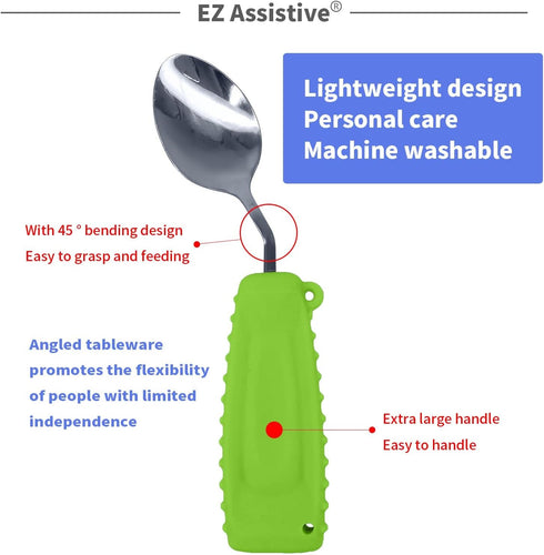 Adaptive Spoon Easy to Hold for Independent Eating, Weighted Utensils for Hand Tremors (Green Spoon Right Hand)...