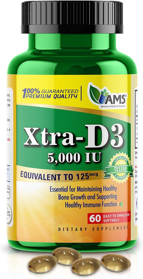 America Medic & Science Xtra D3 Vitamin D 5,000 IU (125 mcg) Cholecalciferol Supplement for Men & Women (60 Easy to Swallow Softgels) Best for Bon...