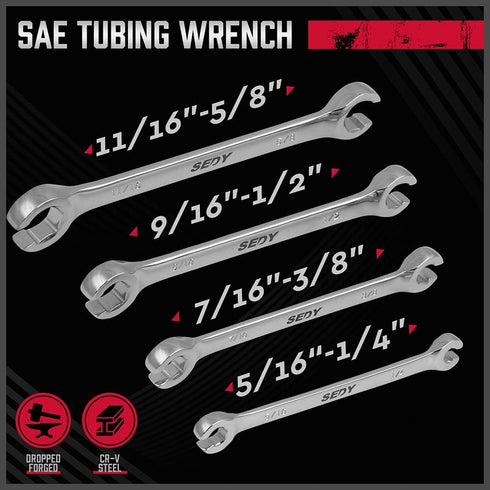 4-Piece Flare Nut Wrench Set - SAE Brake Line Wrench 1/4, 5/16, 3/8, 7/16, 1/2, 9/16, 5/8, 11/16-inch, Professional Offset Heads, Portable Organiz...