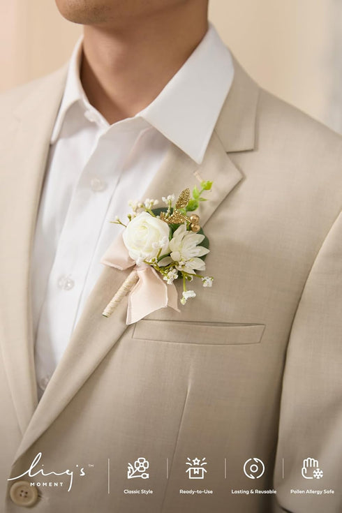Ling's Moment Boutonniere for Men, 6pcs Groom Groomsmen Boutonniere, Artificial Flowers for Wedding Decor/Prom/Homecoming, etc.White Baby Breath I...