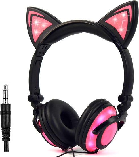 Kids Headphones with Cat Ears, LED Light Chargeable Earphones for Kids Teens Adults, Compatible for iPad, Tablet, Computer, Mobile Phone (Black&Pi...
