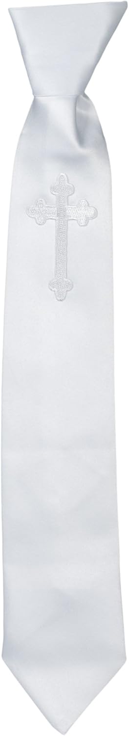 Boys First Holy Communion Tie and Hanky Set with Cross– Pre-tied White Tie and Folded Handkerchief Embroidered with the Cross for 1st Communion, B...