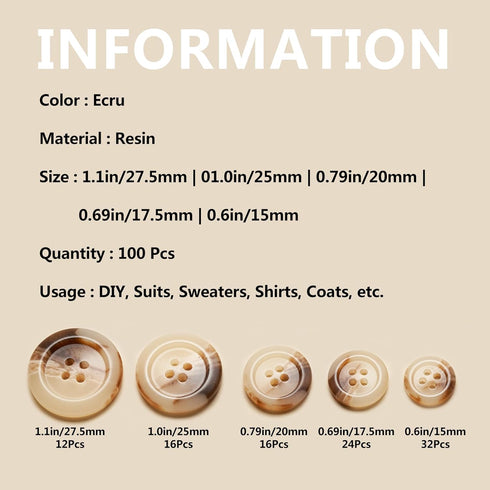 Sewing Buttons - Craft Buttons, 5 Sizes of 100 Pcs Versatile Buttons for Sewing, DIY Projects and Holiday Decoration (Ecru)...