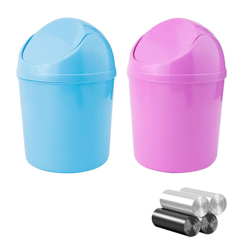 2 Pcs Plastic Mini Wastebasket Trash Can with Swing Lid with 120 Trash Bags, Tiny Desktop Waste Garbage Bin for Home, Office, Kitchen, Vanity Tabl...