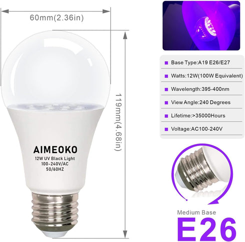 Black Light Bulb 12W(100W Equivalent) - E26 UV LED Bulbs for Neon Party, Halloween, Fluorescent Poster, Body Paint - 2 Pack...