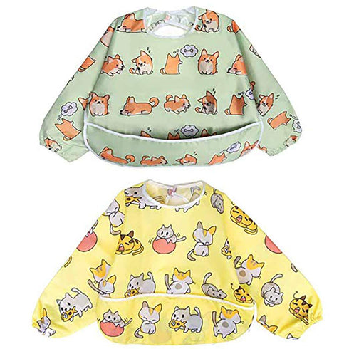 Little Dimsum Full Sleeved Feeding Bib 2 Pack,Baby & Toddler Waterproof Bib Apron,Food Protection Large Pocket Eating Smock 6-36 Months (Little Pu...