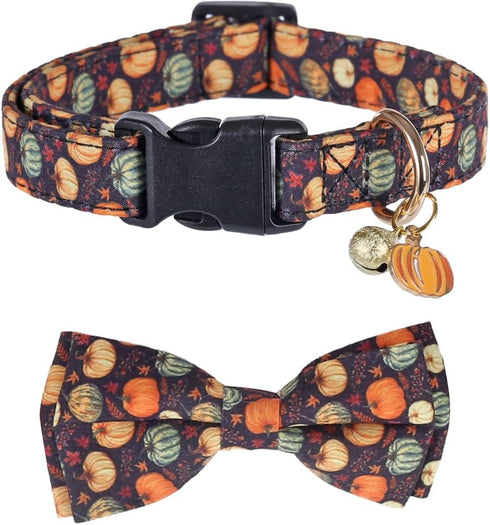 Thanksgiving Day Dog Collar Fall with Bowtie and Bell Autumn Holiday Adjustable Pet Collars for Dogs (Pumpkin,Large)...