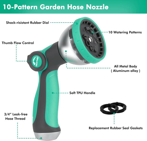 RESTMO Hose Nozzle Heavy Duty, Metal Water Hose Sprayer for Garden, 10 Spray Patterns, Thumb Flow Control, On/Off Valve, for Outdoor Lawn & Plant ...