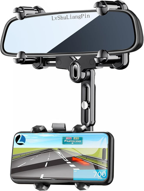Rearview Mirror Phone Holder for Car, 360° Rotating Rear View Mount with Adjustable Arm Length, Upgraded Four Corners Fixed Anti-Shake Multifuncti...