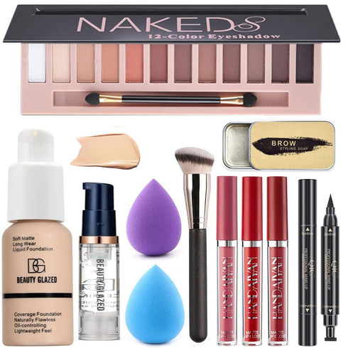 All in One Makeup Kit For Girls12 Colors Naked Eyeshadow Palette, Nude Foundation Face Primer, Makeup Brush, Makeup Sponge, Eyebrow Soap Kit Brows...