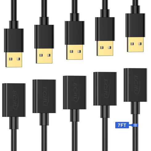 USB Extender Cord 7FT(5 Pack), USB 2.0 Extension Cable, USB A Male to Female, Compatible for USB Flash Drive, Hard Drive, Card Reader, Webcam, Pri...