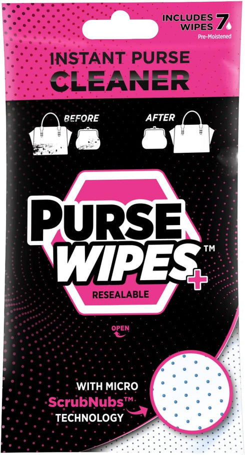 PurseWIPES Purse Cleaner Wipes - Portable Leather Wipes for Bags, Purses, and Backpacks, Dirt and Scuff Remover with Innovative ScrubNubs, Perfect...