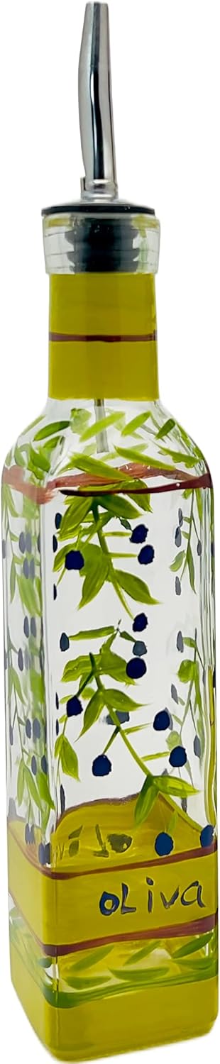 Hand Painted Glass Oliva Branch Oil/Vinegar Glass Cruet for Kitchen, 8 oz Olive Oil Dispenser With Stainless Steel Spout for Easy Pouring...