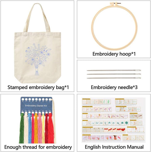 Canvas Tote Bag Embroidery Kit with Flower Pattern Instructions DIY Arts Crafts Supplies Cloth Threads Tools Beginners Needlepoint Kits(1)......