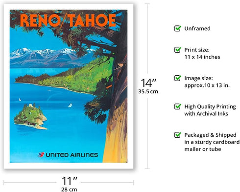 Reno Nevada - Lake Tahoe California - United Airlines - Vintage Airline Travel Poster by Tom Hoyne c.1970s - Fine Art Matte Paper Print (Unframed)...
