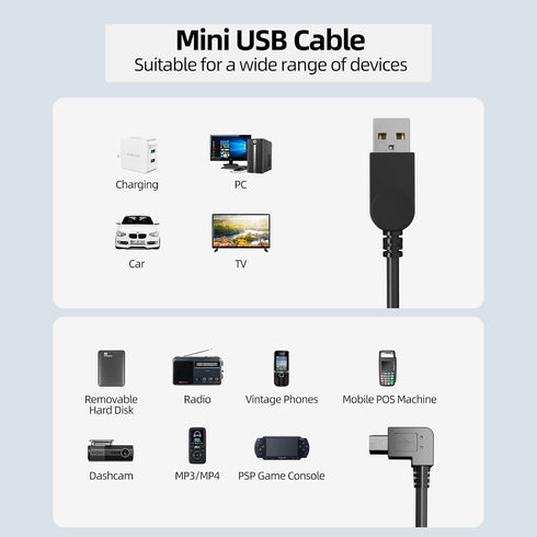 Mini USB Cable, 90 Degree USB 2.0 A to Mini B USB Cable,Right Angle USB 2.0 A-Male to Mini-B Adapter Cord Power Charger Wire for GPS Car Dash Cam ...
