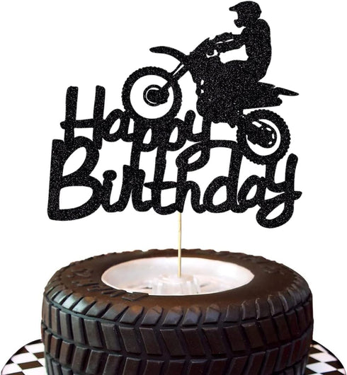 Qerleny Black Flash Happy Birthday Cake Topper, Birthday Party Cake Decoration, Sports Theme Cake Topper ?Motocross?...