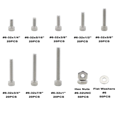 #6-32 UNC Stainless Steel Hex Socket Head Cap Screws Hex Nuts Flat Washers Assortment Kit...