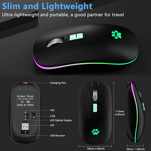 Wireless Mouse, Backlit LED Portable Slim Computer Mouse for Laptop, PC, Computer, MacBook, iPad, Chromebook, Notebook, 2.4G Rechargeable Wireless...