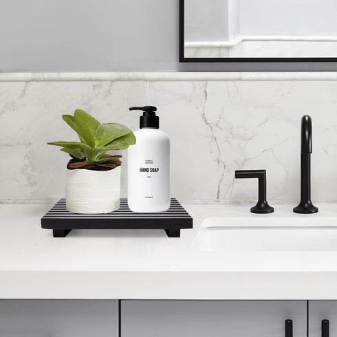 Black Bathroom Counter Organizer Wooden Display Pedesta Stand Kitchen Countertop Trays Farmhouse Wood Riser Dish Soap Dispenser Holder for Bathroo...