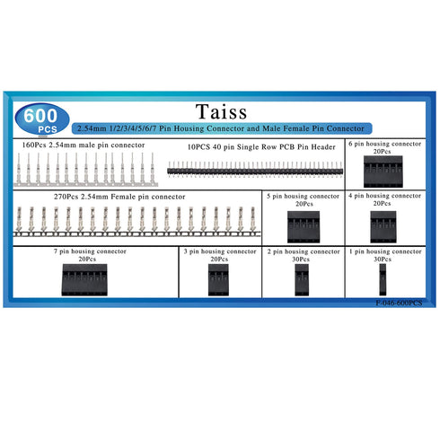 Taiss 600PCS Dupont Connector Kit 2.54mm 1/2/3/4/5/6/7 Pin Housing Connector and Male Female Crimp Pin,Dupont Crimp Pin Adaptor Assortment,Jumper ...
