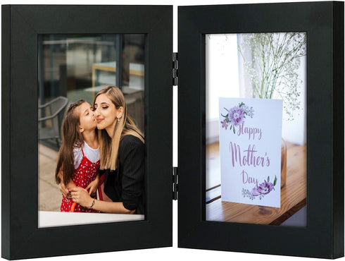 Frametory, 4x6 Double Picture Frame Hinged Photo Frames Two Folding Frame Desktop Glass Frame Vertical (Black, 4x6 Double)...