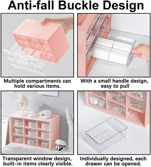 Mini Desk Organizer Drawer, 9 Removable Plastic Art Craft Organizers with Stickers, Cute Desktop Storage Organizer for DIY Crafts, Art Supply, Off...