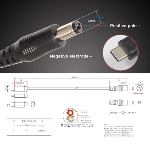 Type-C to DC Power Cable - 3ft 9V USB-C Plug to DC 5.5 x 2.1mm Male Charging Cable, USB-PD Power Bank to Power Any 9 Volts Device,with DC Converte...