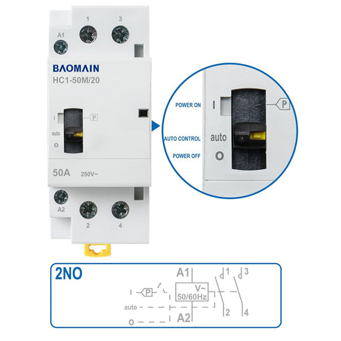 Baomain Manual Household AC Contactor 50A 110V AC Coils 2 Pole 50/60Hz Modular Contactor Circuit Control 35mm DIN Rail (HC1-50M/20_2NO_2P)...