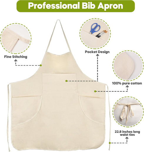 conda 100% Cotton Canvas Professional Bib Apron With 3 Pockets for Women Men Adults,Waterproof,Natural 31inch By 27inch...