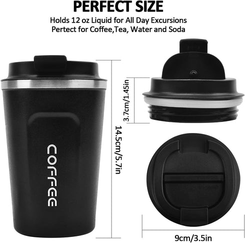 12 oz Stainless Steel Vacuum Insulated Tumbler - Coffee Travel Mug Spill Proof with Lid - Thermos Cup for Keep Hot/Ice Coffee,Tea and Beer (Black)...