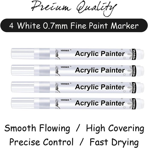 White Paint Pen,4 Pack 0.7mm Acrylic White Permanent Marker White Paint Pens for Rock Painting Stone Ceramic Glass Wood Plastic Glass Metal Canvas...