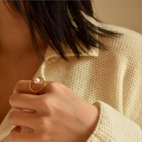 Opening 18K Gold Plated Stackable Bands Ring for Women, Eternity Ring with Shell Pearl, Cubic Zirconia engagement rings vintage gold ring pearl we...