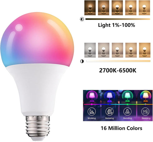 Smart Bluetooth and Wi-Fi LED Light Bulbs, Color Changing Bulb, E27 Base,10W (60W Equivalent) 900lm, Compatible with Alexa and Google Assistant, A...