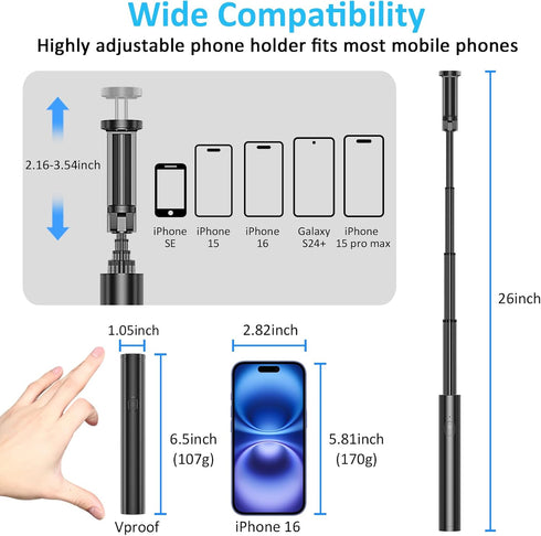 Selfie Stick Bluetooth, Lightweight Aluminum All in One Extendable Selfie Sticks Compact Design, Compatible with iPhone 16/15/14 Pro Max/14 Pro/14...
