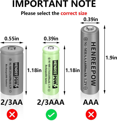 Henreepow Ni-MH 2/3AAA 1.2v 400mAh Rechargeable Batteries,Low Self-Discharge, Long Range with Button Top for Solar Lights,Length 2/3 The Size of A...
