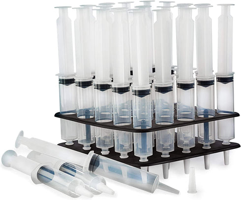 25 Pack (1oz) Jello Shot Syringes Combo with Tray/Racking Stand - 100% Safe & Reusable Plastic Syringes for Jello Shots - Small Syringe Shots Holi...