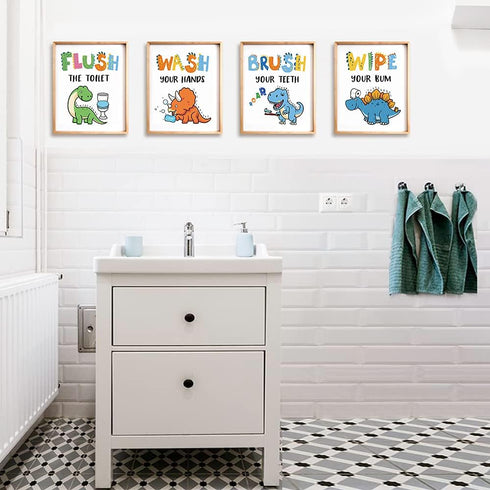 Dinosaur Bathroom Decor, Funny Dinosaur Themed Bathroom Inspirational Quotes Art Print Humorous Quotes Painting, Set of 4 (8”X10”), Unframed...