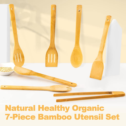 Wooden Spoons for Cooking 7-Piece, Kitchen Nonstick Bamboo Cooking Utensils Set, Durable and Healthy Bamboo Wooden Spatula Spoon for Cooking, Eisi...