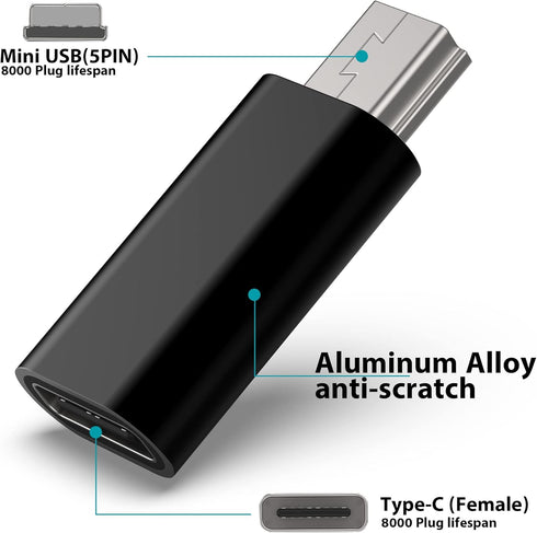 USB C to Mini USB Adapter, Type C Female to Mini USB 2.0 Male Convert Connector Support Charge & Data Sync Compatible GoPro Hero 3+, MP3 Players, ...