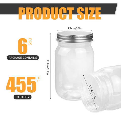 6 Pack 16 Ounce Clear Plastic Mason Jars Containers With Screw Sealing Metal Tinplate Lids,Refillable Empty PET Plastic Slime Candy Storage Jars C...