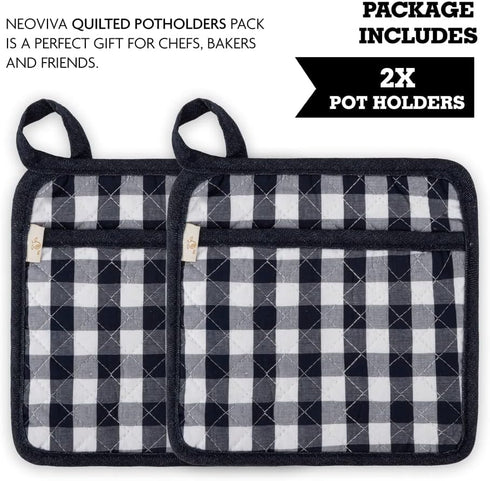 NEOVIVA Quilted Kitchen Pot Holder Set of 2 with Loop, 8”x8” Hot Pot Holders Heat Resistant with Pocket for Easy Grip, Checked Navy Blue...