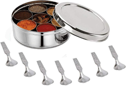 Satre Online and Marketing Stainless Steel Spice Box Without Lid,Stainless Steel Masala Box,Indian Spice Box with 7 Spice Containers and Spoons...