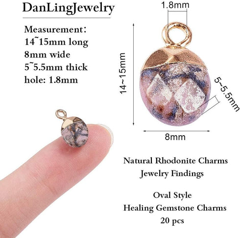 DanLingJewelry 20 pcs Natural Rhodonite Charms Faceted Oval Necklace Pendants Gemstone Charms for Jewelry Making 14x8x5mm...