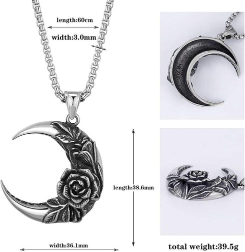Jude Jewelers Stainless Steel Moon Crescent Shape Rose Flower Antique Vintage Cocktail Party Biker Pendant Necklace...