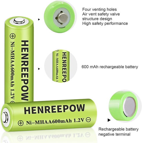 Henreepow Ni-MH Rechargeable AA Battery, AA 1.2v Rechargeable Battery High-Capacity and Long-Lasting Battery Mainly Used for Garden Landscaping Ou...