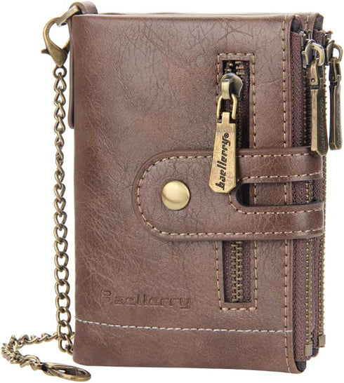 Men Chain Wallet PU Faux Leather Bifold Wallet for Men Double Zipper Coin Pocket Purse Double Anti-Theft...